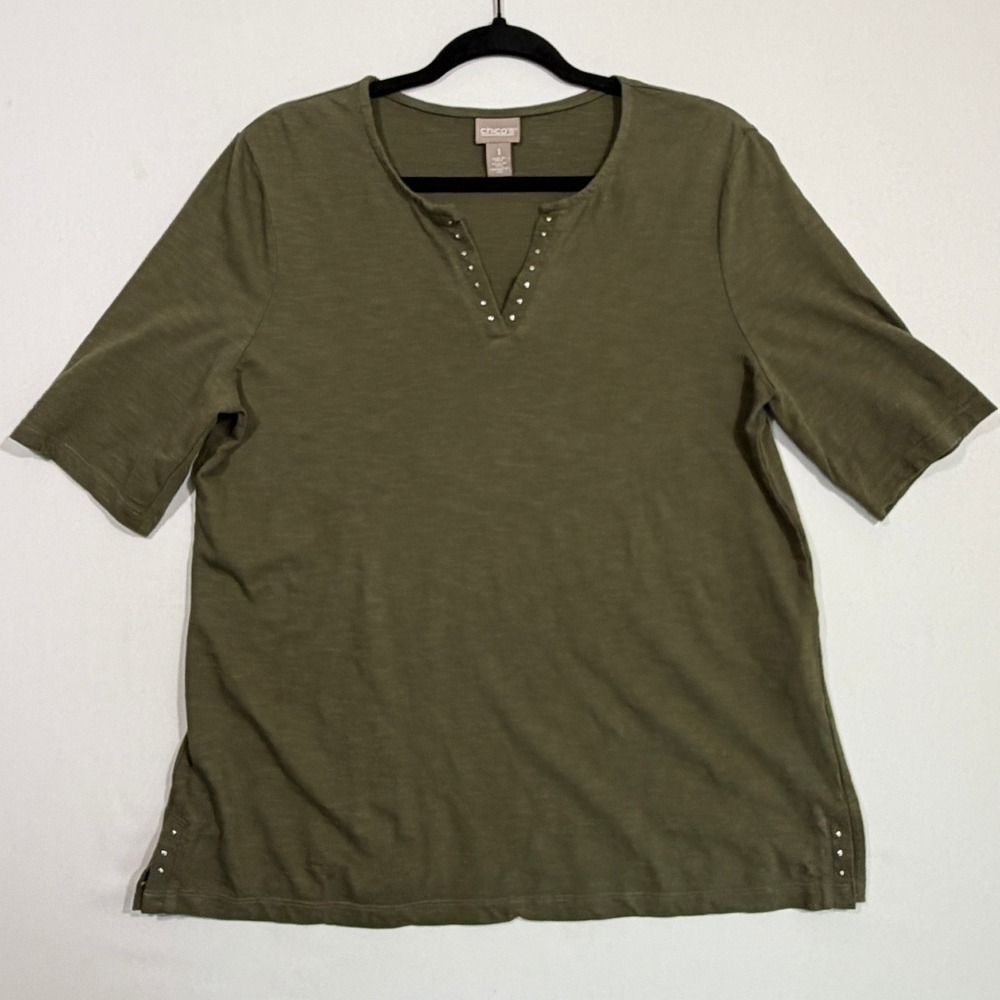 Chico's Studded Split Neck Top Women's 1 (M/8) Olive Green Slub Knit Casual Tee
